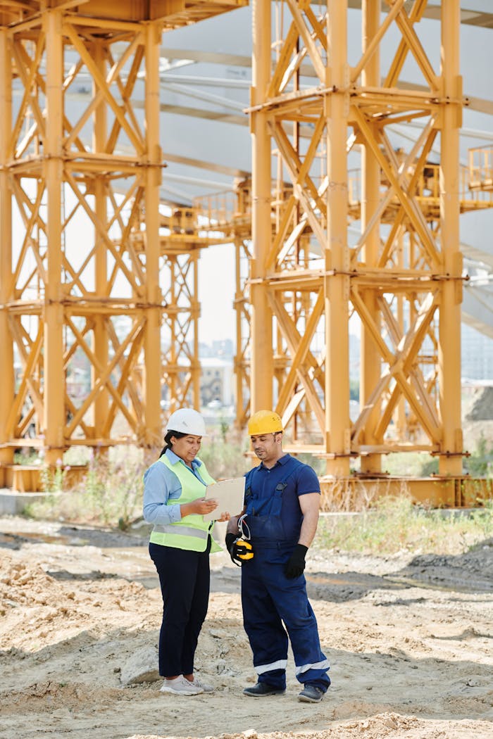 Home Two construction workers examining plans at a site with large steel structures.
